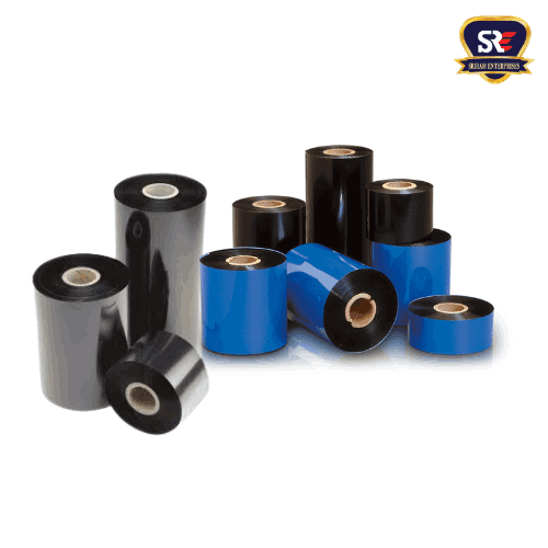 Both glossy black and blue barcode ribbons are used in thermal printers for industrial and commercial applications.