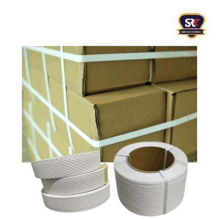 Box strapping rolls are applied to stacked cartons to ensure tight and secure packaging. Sriram Enterprises, Tirunelveli
