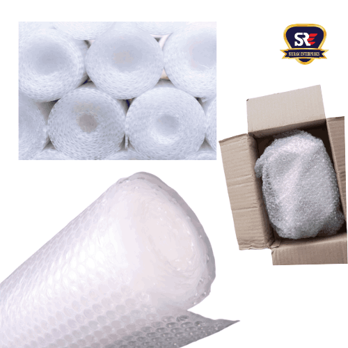 Premium bubble wrap rolls and wrapped boxes for packaging, shipping, or storage. Available at Sriram Enterprises in Tirunelveli.