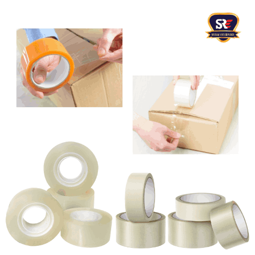 Transparent and orange adhesive tapes used for box packaging, displayed during usage and grouped in various sizes.