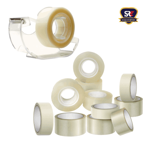 Transparent tapes with a compact tape dispenser, displayed in bulk, are suitable for office, retail, or small package sealing needs.