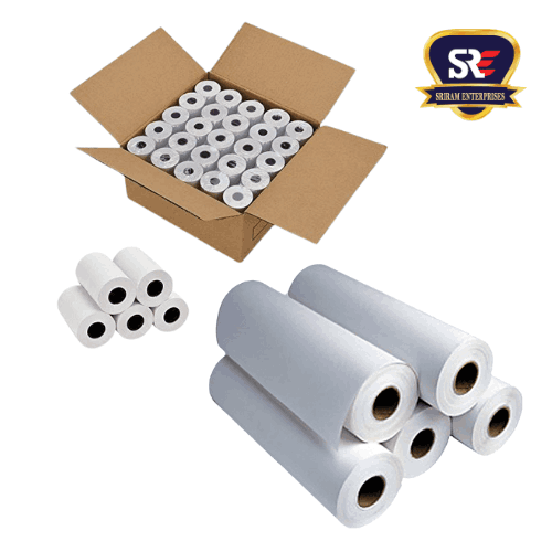 Different sizes of thermal paper rolls for retail counters and ATM receipts—smooth printing from Sriram Enterprises.