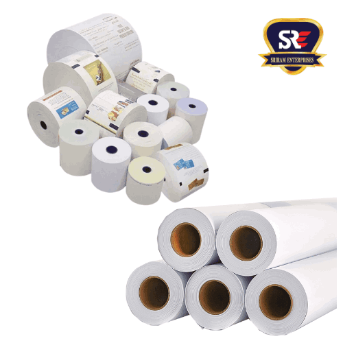 Various sizes of thermal paper rolls for all billing needs, retail & supermarket billing—trusted by Sriram Enterprises.