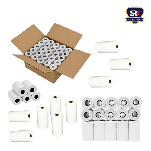 Bulk pack of thermal paper rolls ideal for POS machines and retail billing – cost-effective solution from Sriram Enterprises.