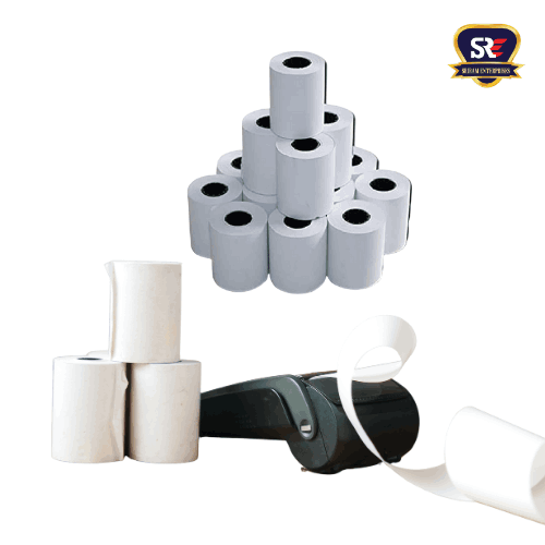 Thermal paper rolls stacked for retail and POS machines—reliable and smooth performance by Sriram Enterprises.