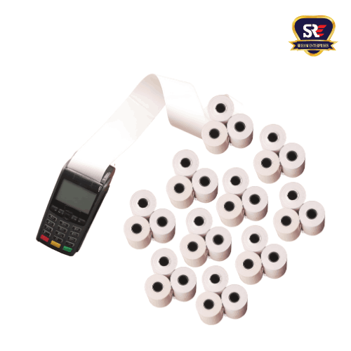Mini thermal paper rolls for card swipe machines and point-of-sale systems—premium quality by Sriram Enterprises.