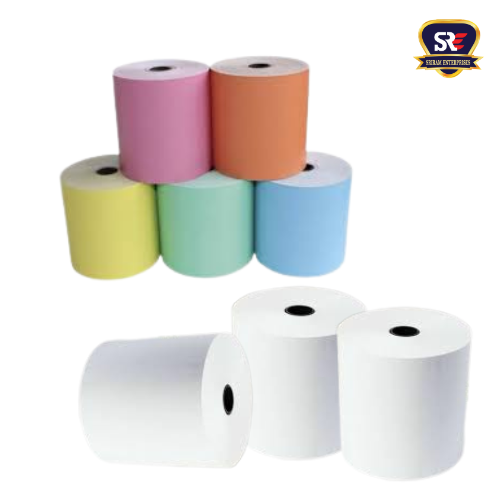 Buy multicolor thermal paper rolls at Sriram Enterprises, ideal for billing and receipts in POS machines, available in various shades and sizes.