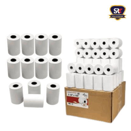 Box-packed white thermal paper rolls in bulk for POS billing systems, perfect for high-volume business environments.