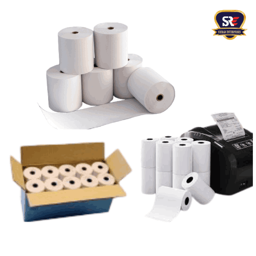 Thermal paper rolls for POS machines with neat packaging for easy storage and use in shops, hotels, and billing counters.