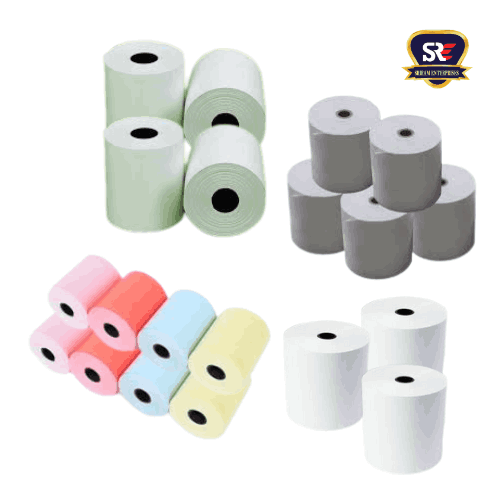 Colored and carbonless thermal paper rolls for billing and invoice printing, available in multiple sizes and color variants.